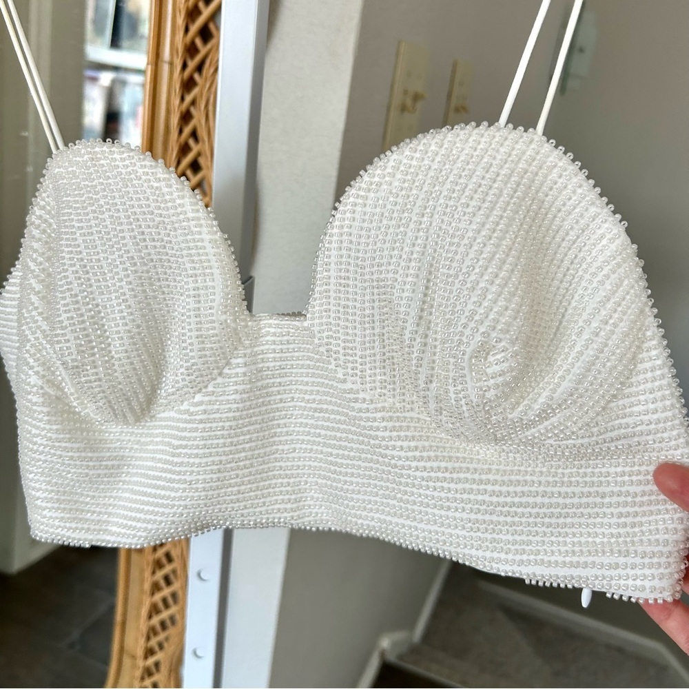 Zara / Oyster White Beaded Crop Top - Picture 5 of 10